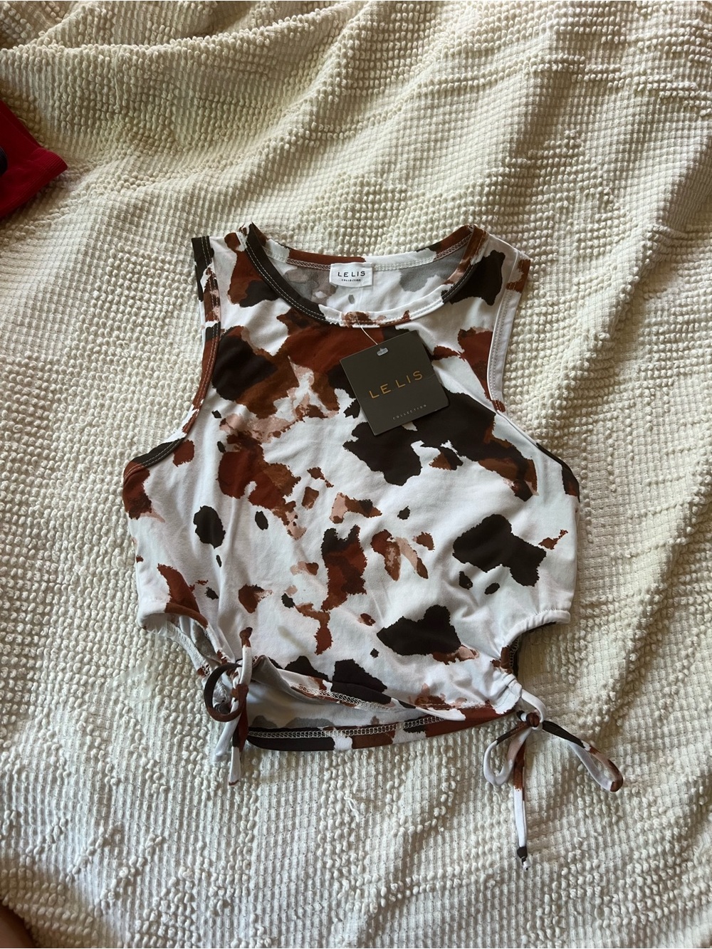 Le Lis Women's Brown & White cow print Tie-Side Tank Top